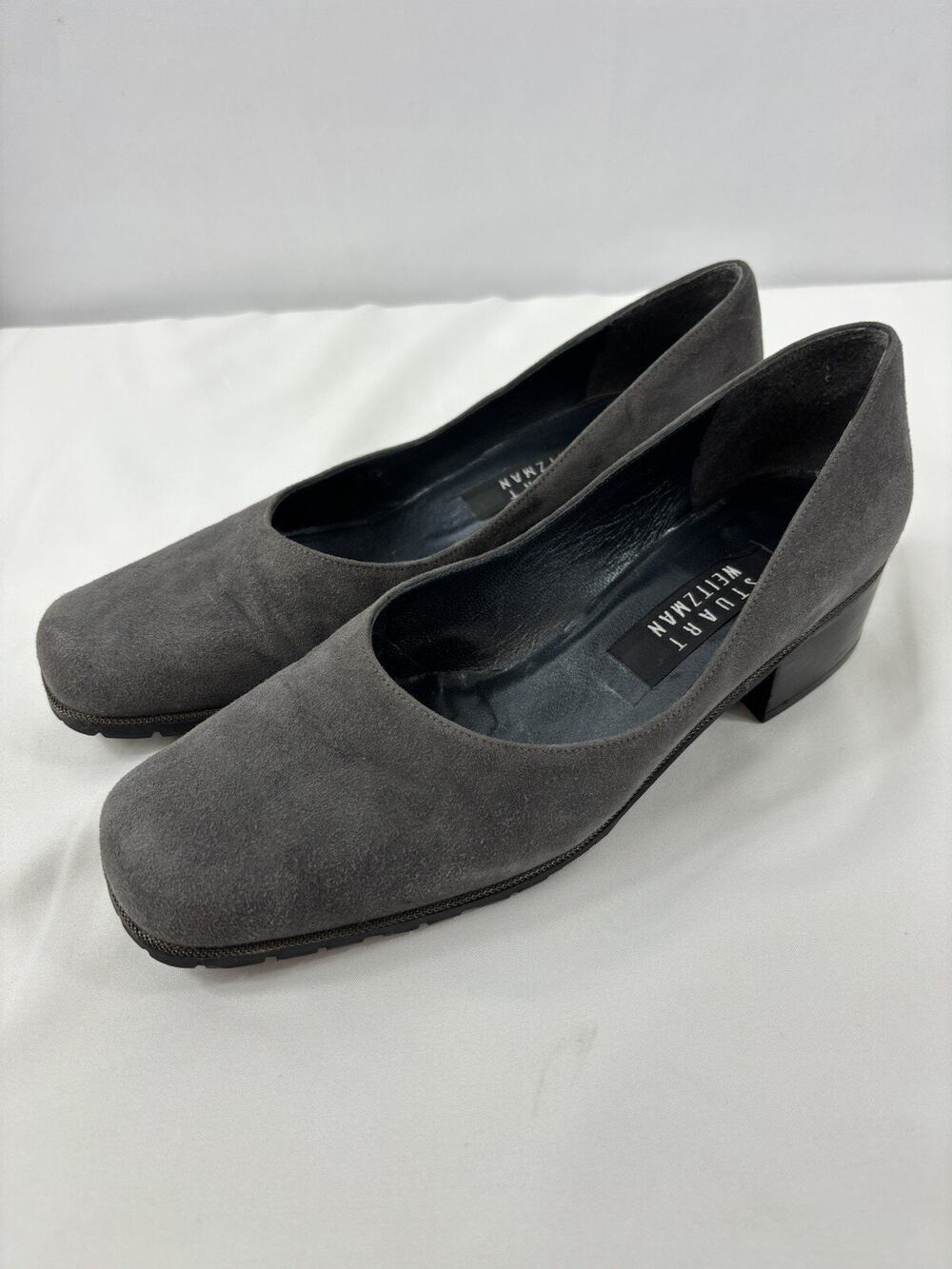 Stuart Weitzman Low Heel Pumps Dark Grey Suede Size 8 Square Toe Low Block Heel